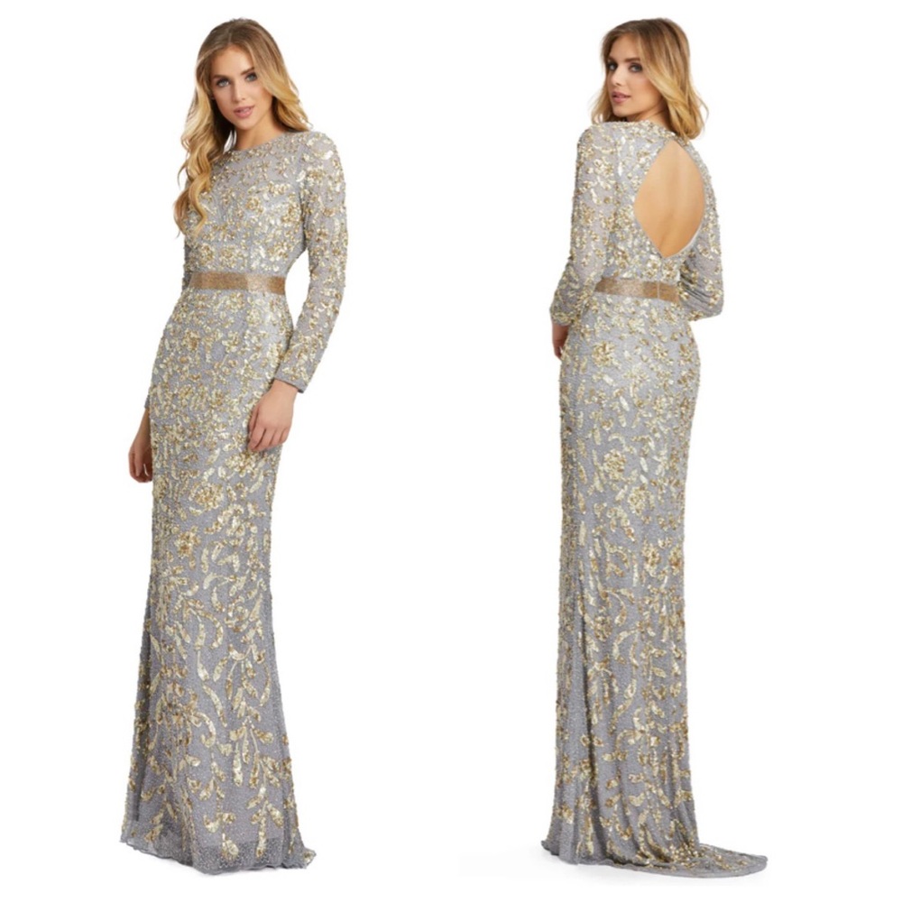 MAC DUGGAL Long Sleeve Embellished Gown NEW Size 10 Platinum Gold Dress